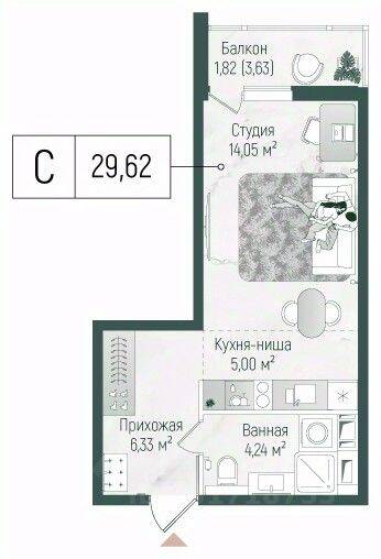 Квартира-студия, 31,44 м², в ЖК Riga Hills