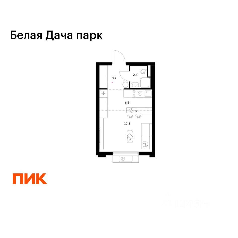 Планировка 1 комнатной квартиры, 24.8 м², в «Белая Дача парк»