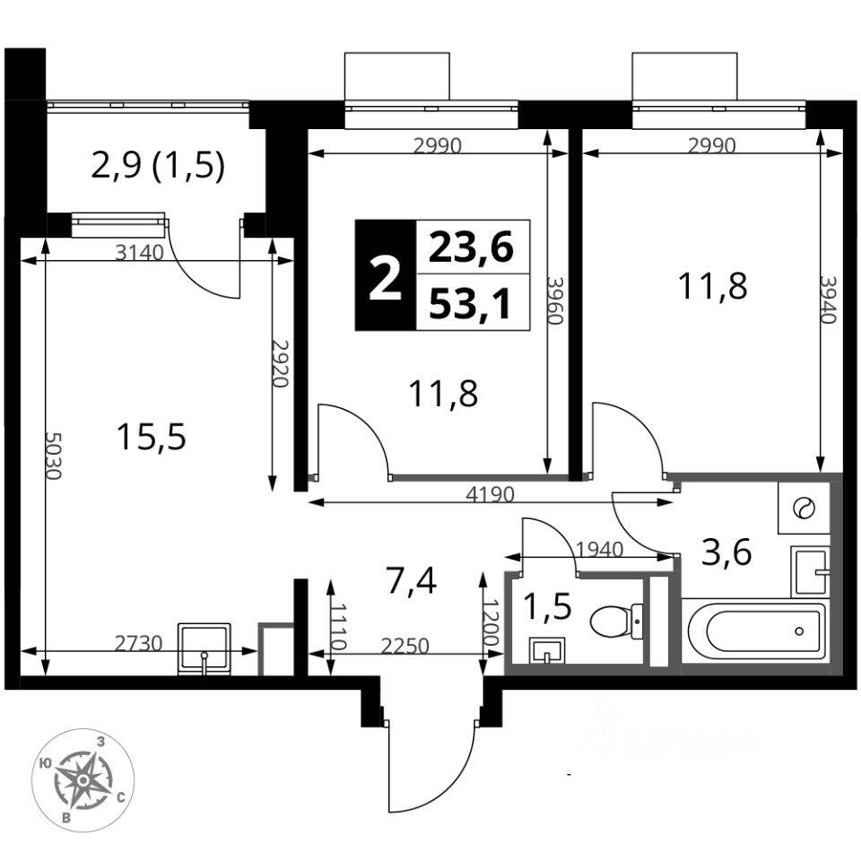 2-комн. квартира, 53,1 м², в ЖК 1-й Донской