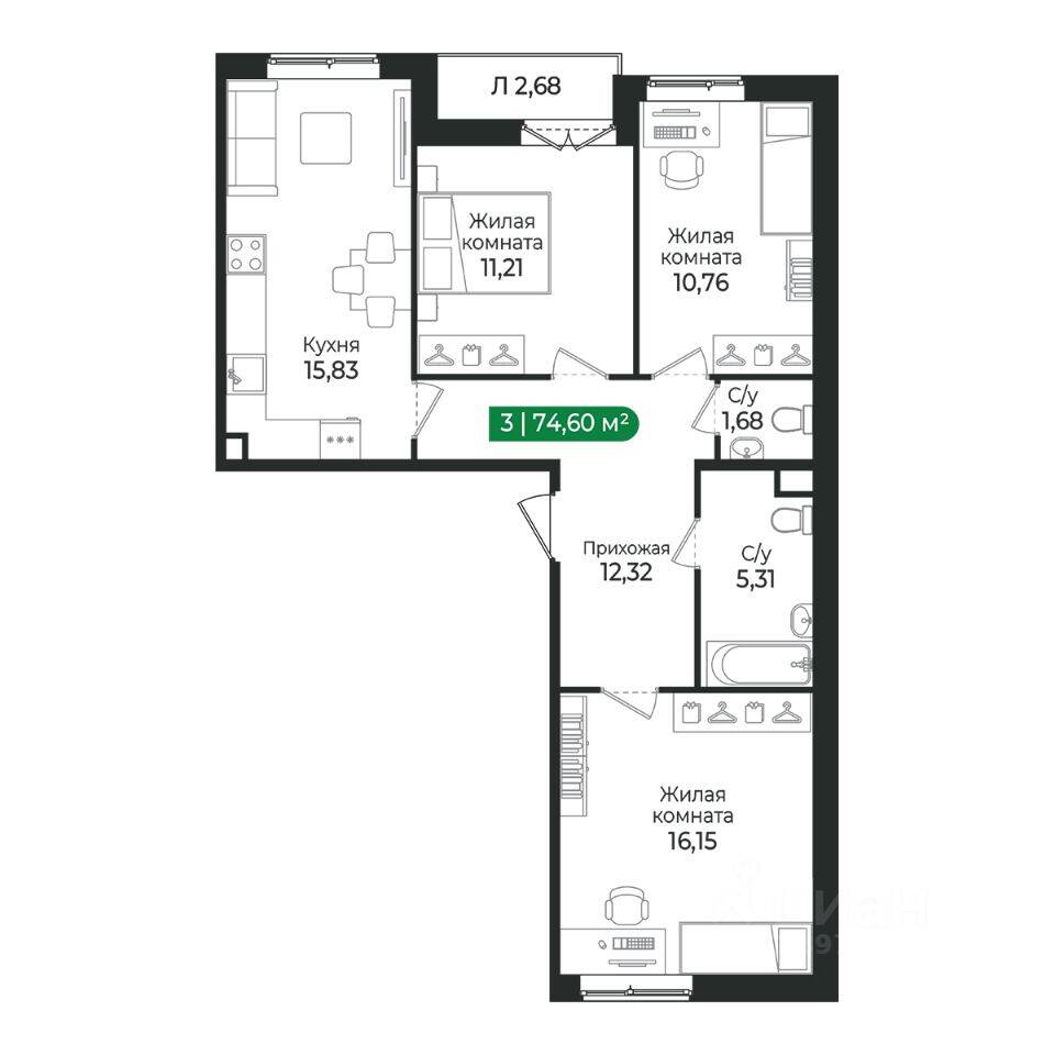 3-комн. квартира, 74,6 м², в ЖК Sertolovo Park