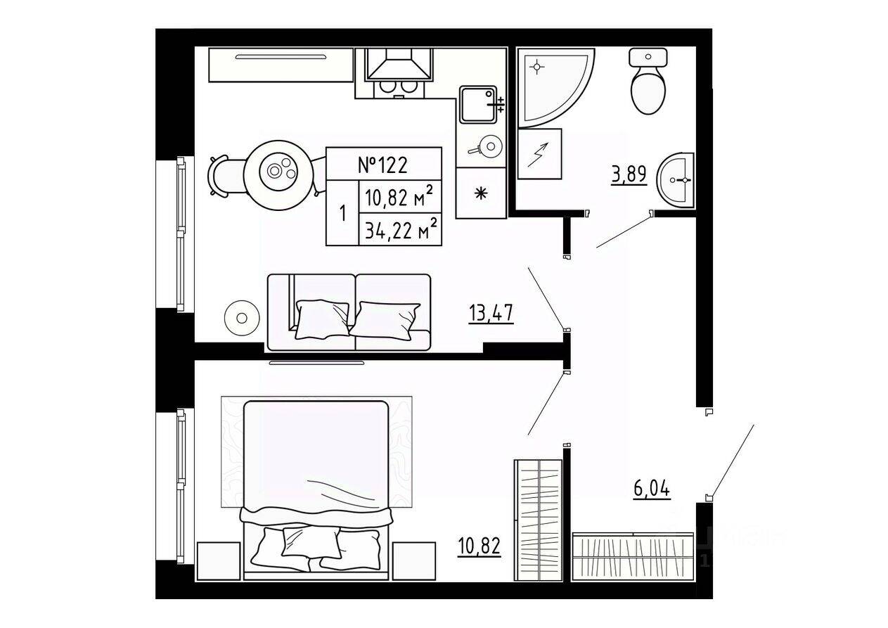 1-комн. квартира, 34,22 м², в Малоэтажный ЖК Аннино Сити