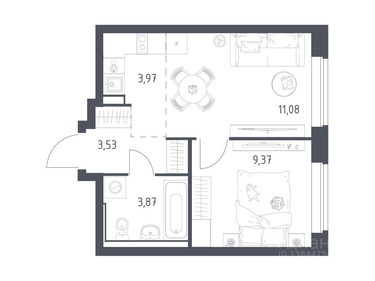 Планировка 1 комнатной квартиры, 31.4 м², в «Пригород Лесное»