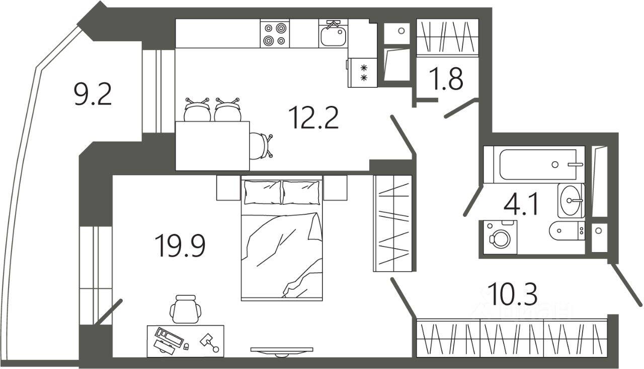 Планировка 1 комнатной квартиры, 51.1 м², в «Советская 18»