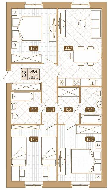 Планировка 3 комнатной квартиры, 101.3 м², в «Белый город (Сергиев Посад)»