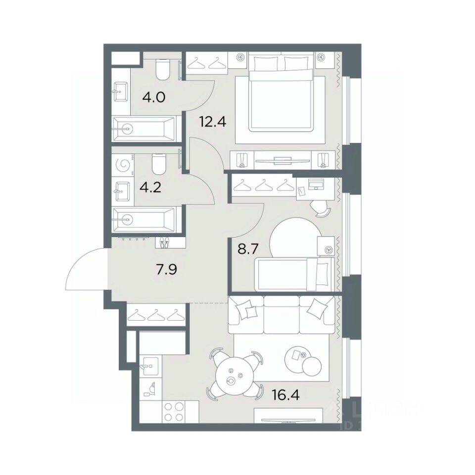 Планировка 2 комнатной квартиры, 53.6 м², в «Станиславский»