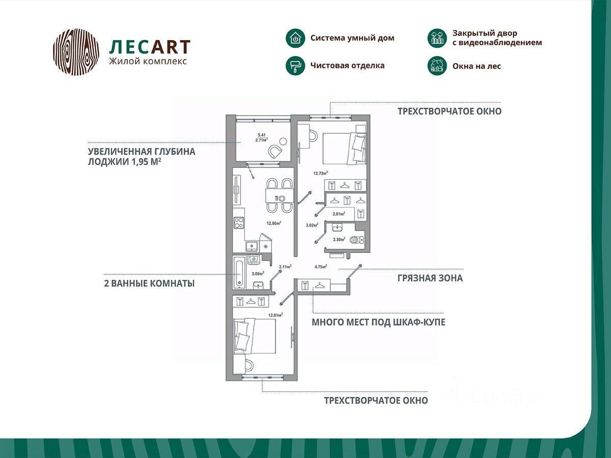 2-комн. квартира, 58,36 м², в ЖК ЛесART