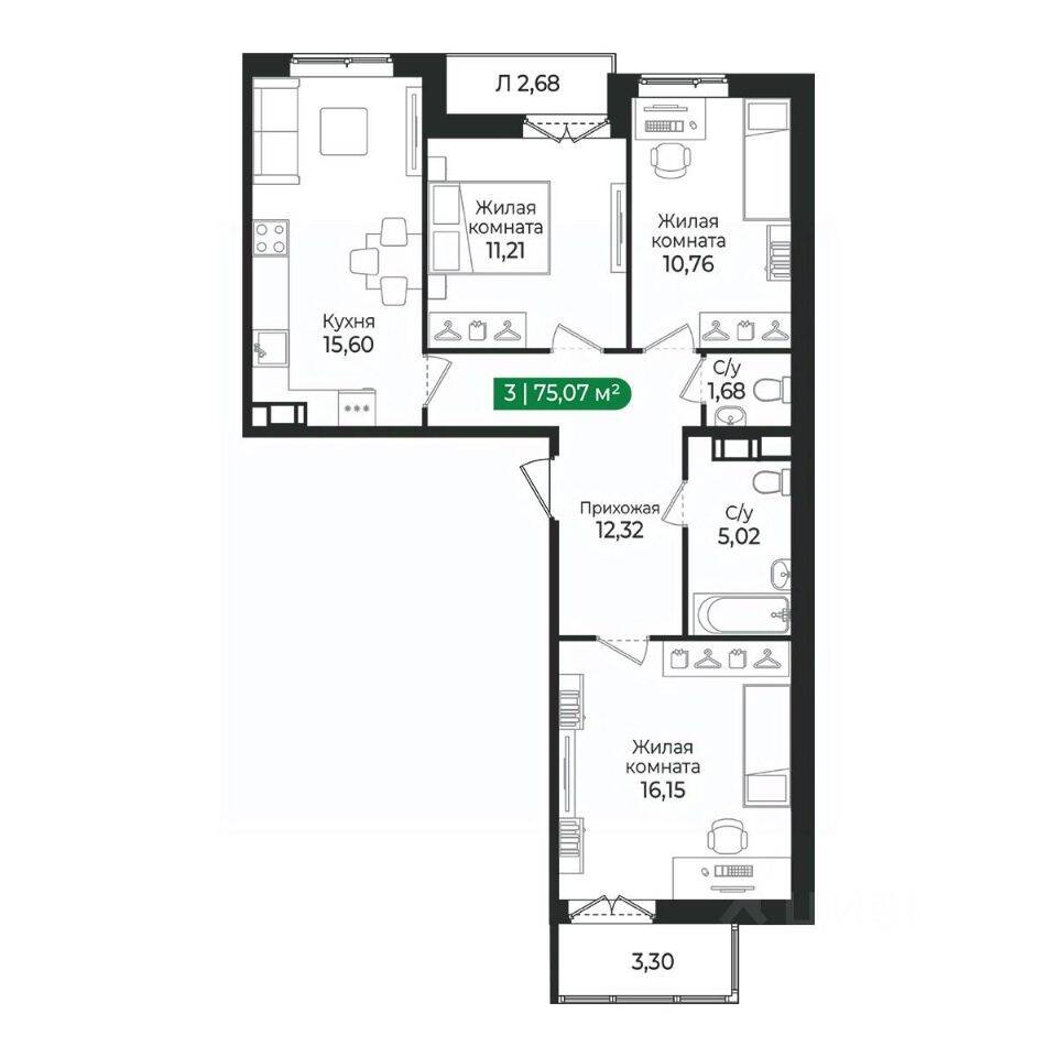 3-комн. квартира, 75,07 м², в ЖК Sertolovo Park