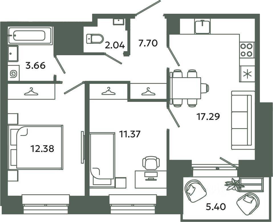 2-комн. квартира, 54,44 м², в ЖК Загляденье