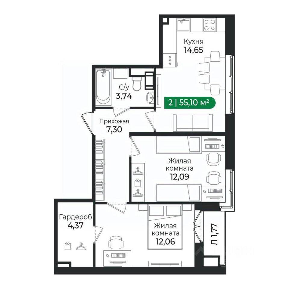 2-комн. квартира, 55,1 м², в ЖК Sertolovo Park