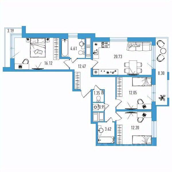 3-комн. квартира, 88,19 м², в ЖК Искра Сити