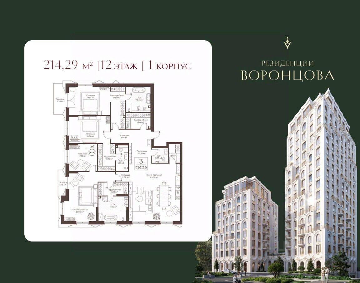 3-комн. квартира, 214,29 м², в ЖК «Воронцовъ»