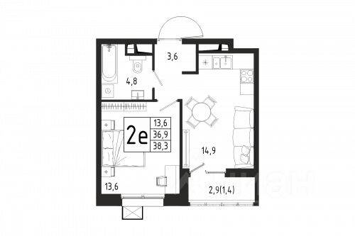 1-комн. квартира, 38,3 м², в ЖК «Берег»