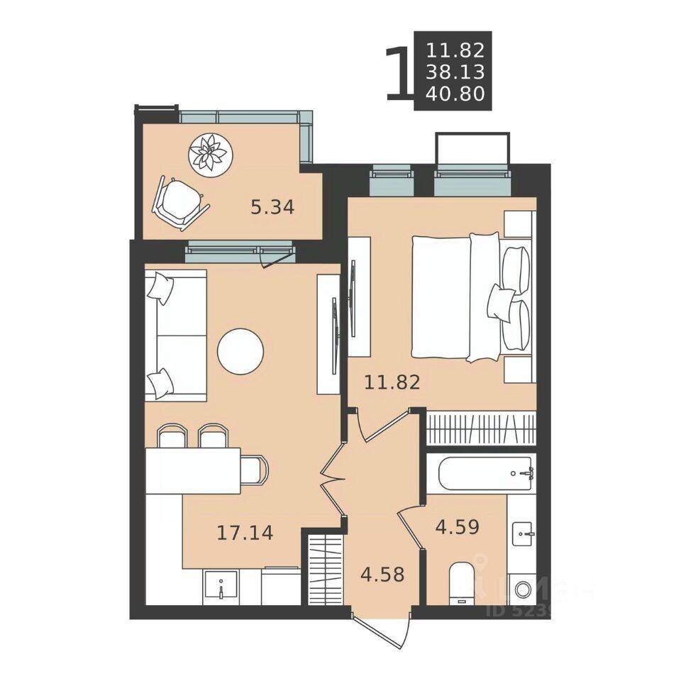 1-комн. квартира, 40,8 м², в ЖК Мишино-2