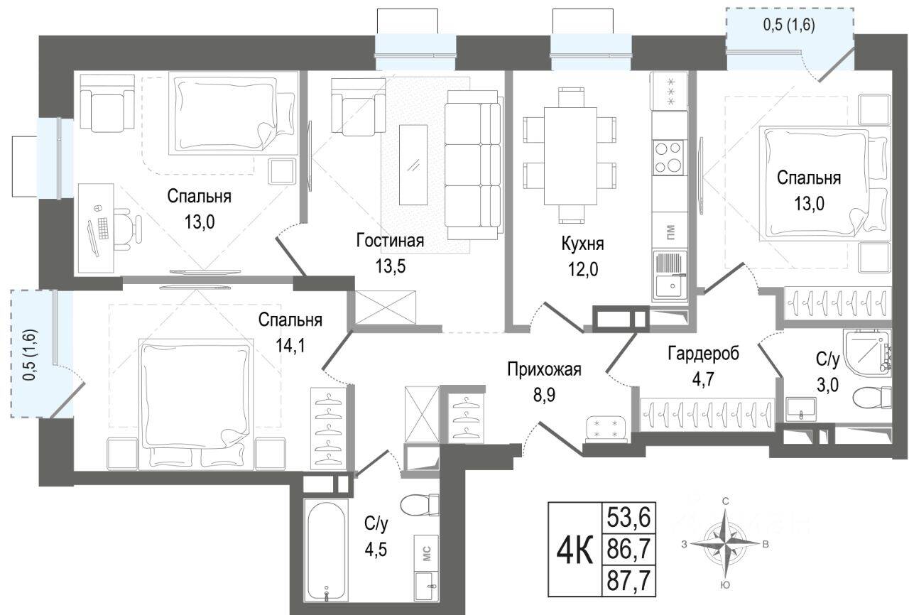 4-комн. квартира, 86,7 м², в ЖК Киноквартал