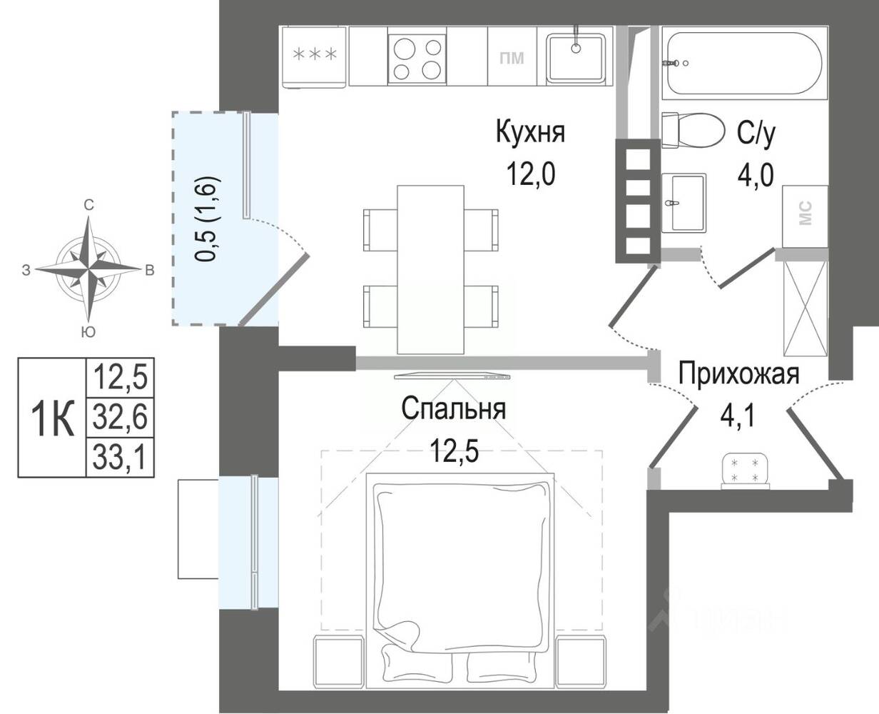 Планировка 1 комнатной квартиры, 32.6 м², в «Киноквартал»