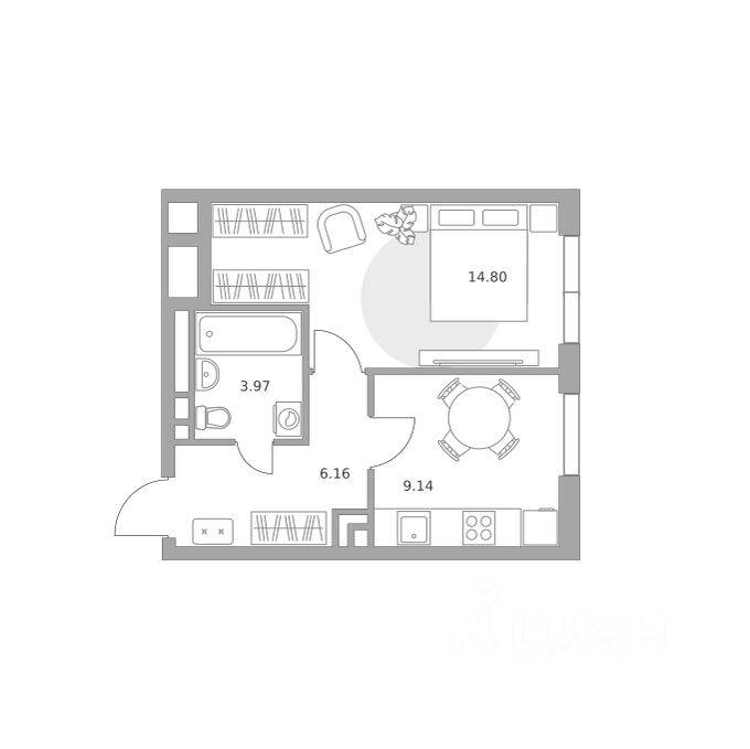 Планировка 1 комнатной квартиры, 34.07 м², в «Нижегородская от Гранель»