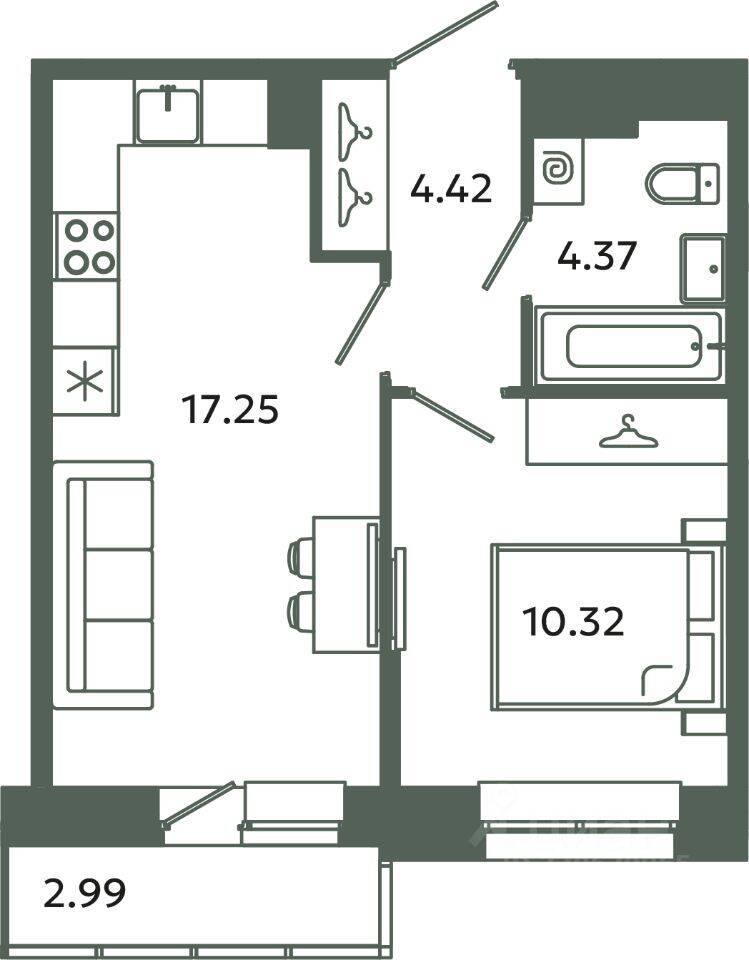 1-комн. квартира, 36,36 м², в ЖК Загляденье