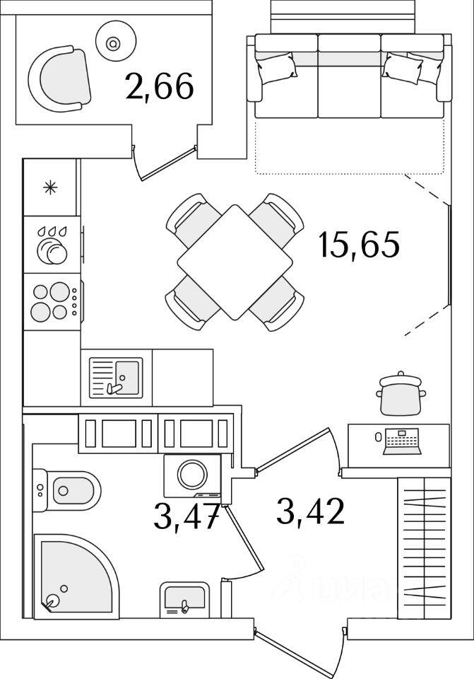 Планировка 1 комнатной квартиры, 23.4 м², в «Лайнеръ»