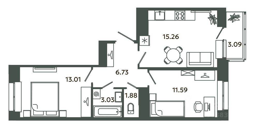 2-комн. квартира, 51,42 м², в ЖК Загляденье