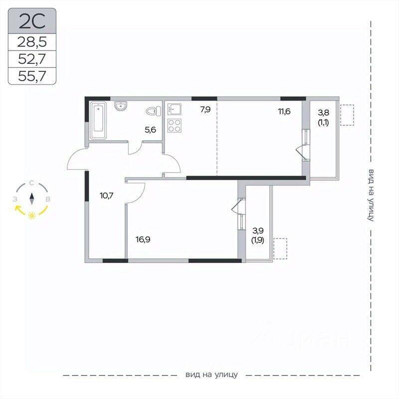 2-комн. квартира, 55,7 м², в ЖК «Пироговская Ривьера»