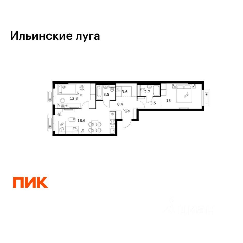 2-комн. квартира, 66,1 м², в ЖК «Ильинские луга»