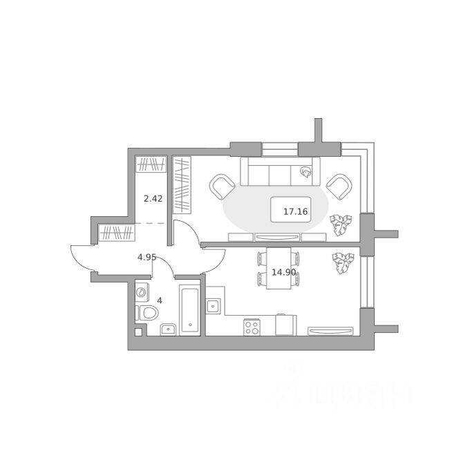 1-комн. квартира, 43,43 м², в ЖК «Дубровка от Гранель»