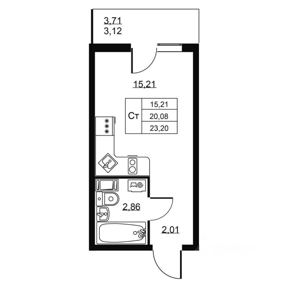 Квартира-студия, 23,2 м², в ЖК Перспектива