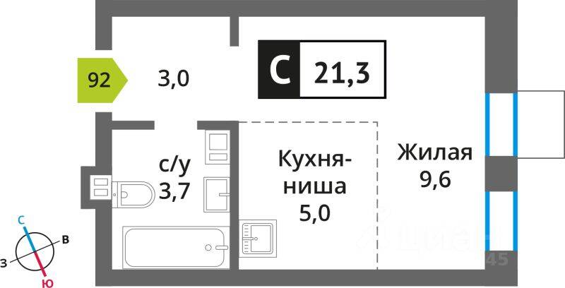 Планировка 1 комнатной квартиры, 21.3 м², в «Никольский квартал Отрада»