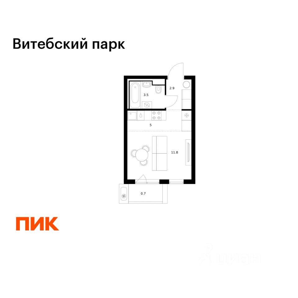 Квартира-студия, 23,9 м², в ЖК Витебский парк