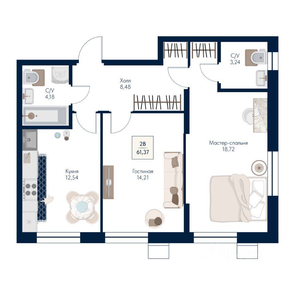 2-комн. квартира, 61,37 м², в ЖК Бархат