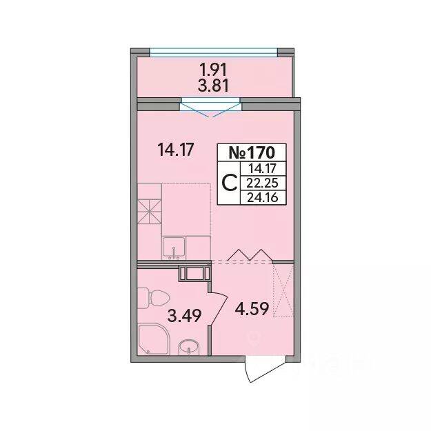 Планировка 1 комнатной квартиры, 24.16 м², в «Рождественский квартал»