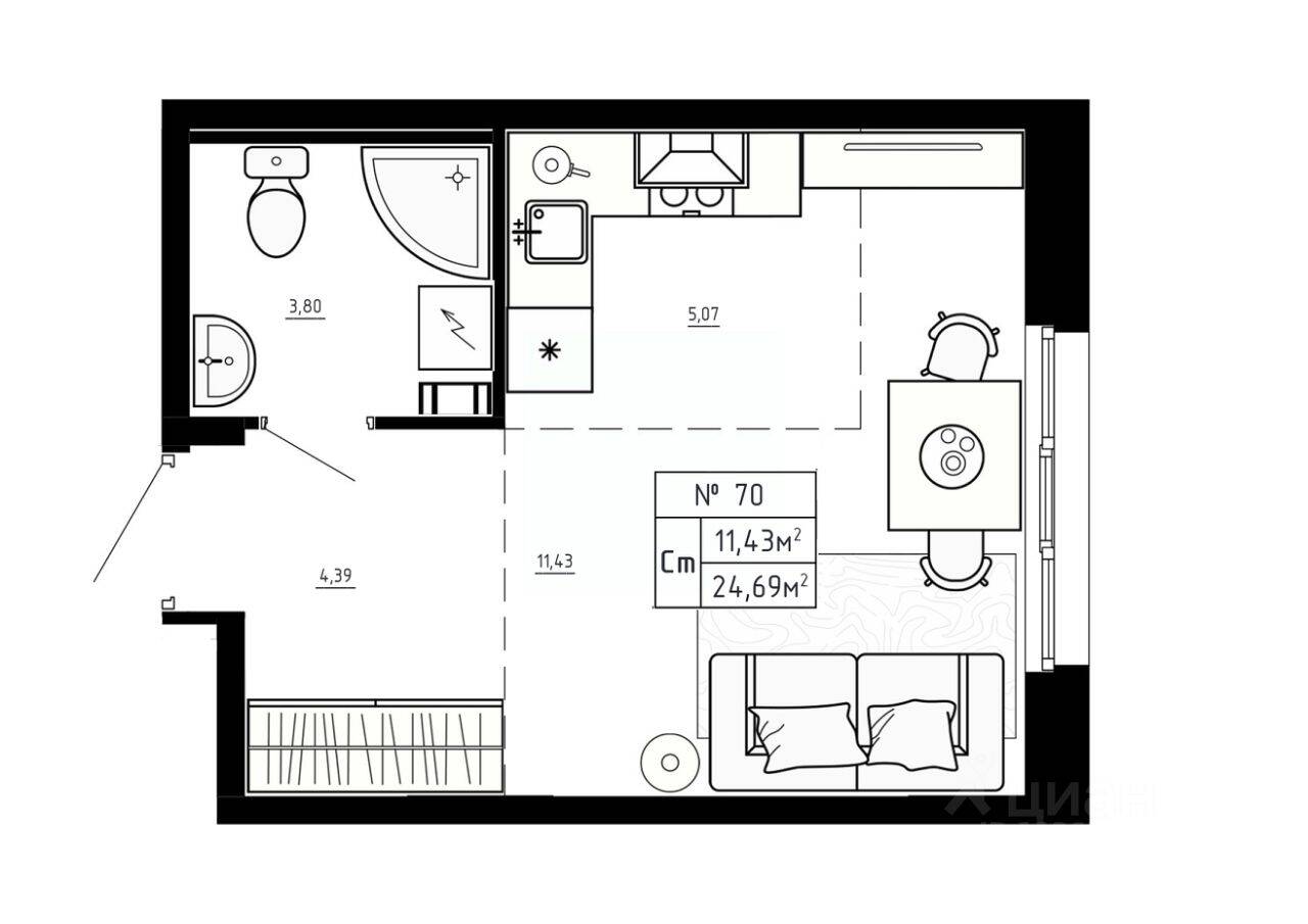 Квартира-студия, 24,69 м², в Малоэтажный ЖК Аннино Сити