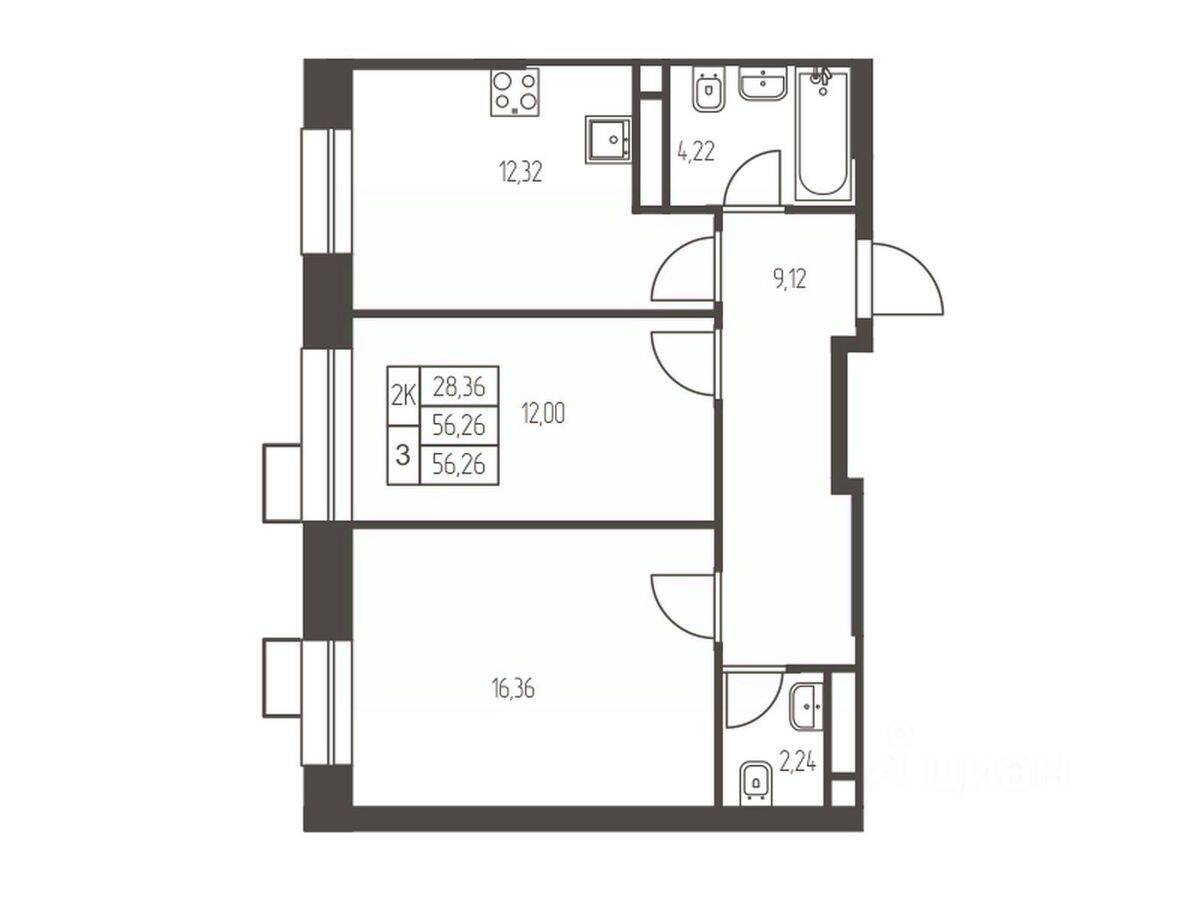 2-комн. квартира, 56,3 м², в ЖК Новая Ивантеевка
