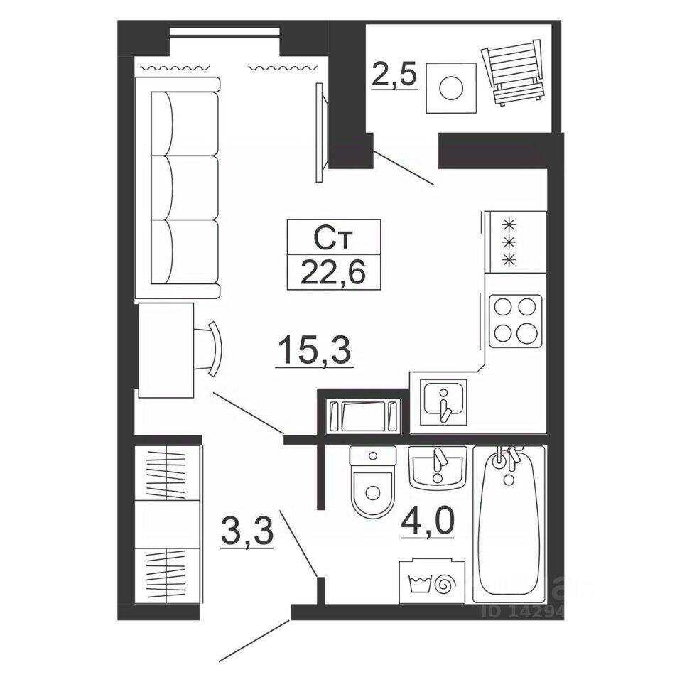 Планировка 1 комнатной квартиры, 22.6 м², в «Рубеж»