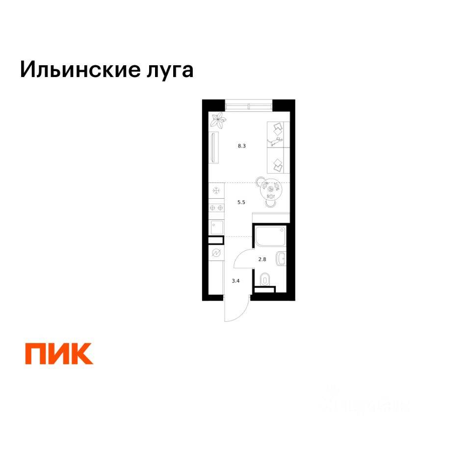 Планировка 1 комнатной квартиры, 20 м², в «Ильинские луга»
