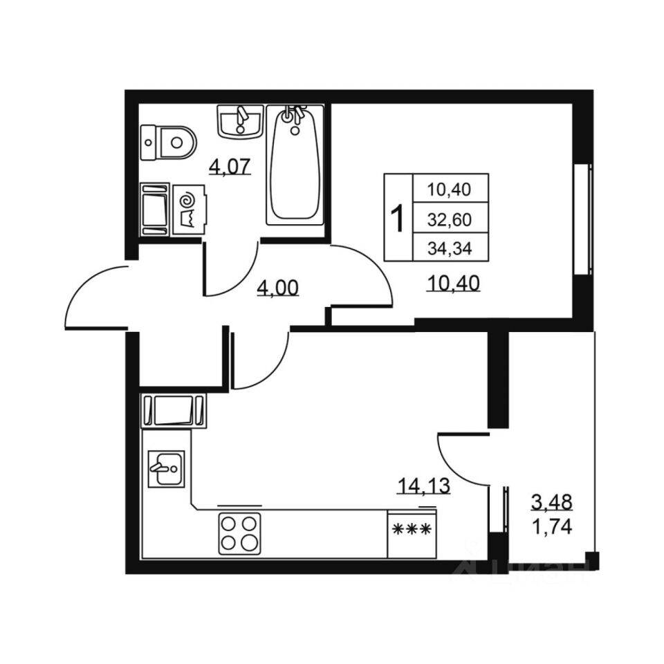 1-комн. квартира, 34,34 м², в ЖК «Высота» (Бугры)