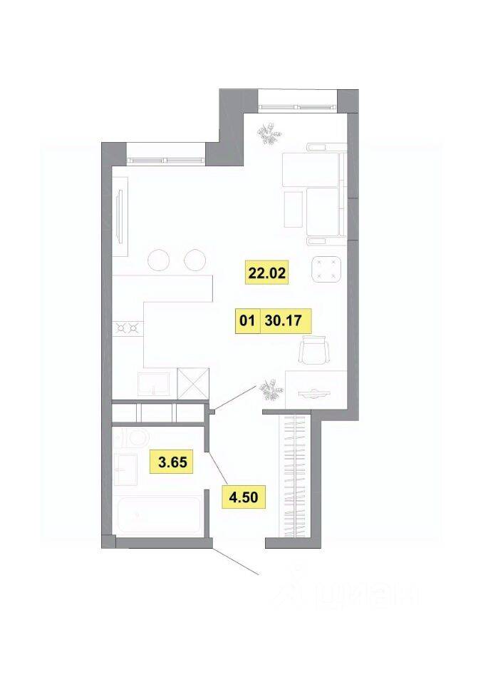 Планировка 1 комнатной квартиры, 30.17 м², в «Радость»