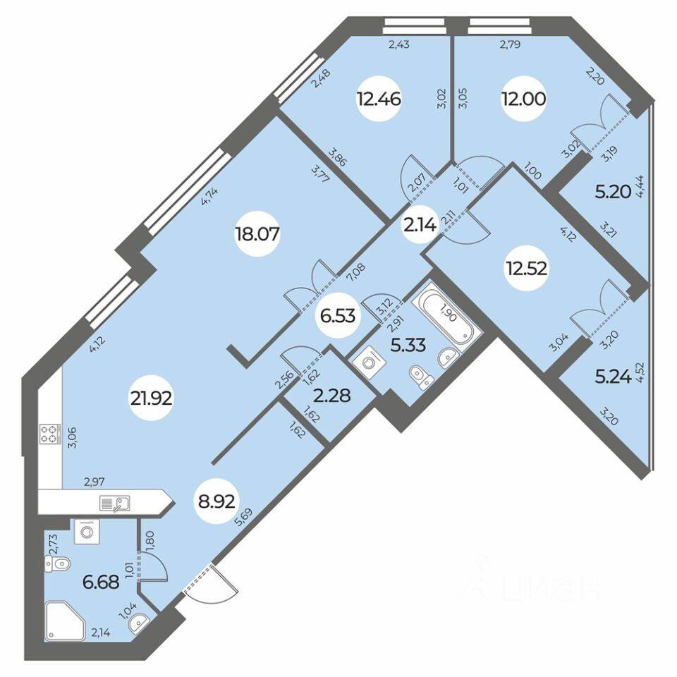 4-комн. квартира, 114,07 м², в ЖК «Огни Залива»