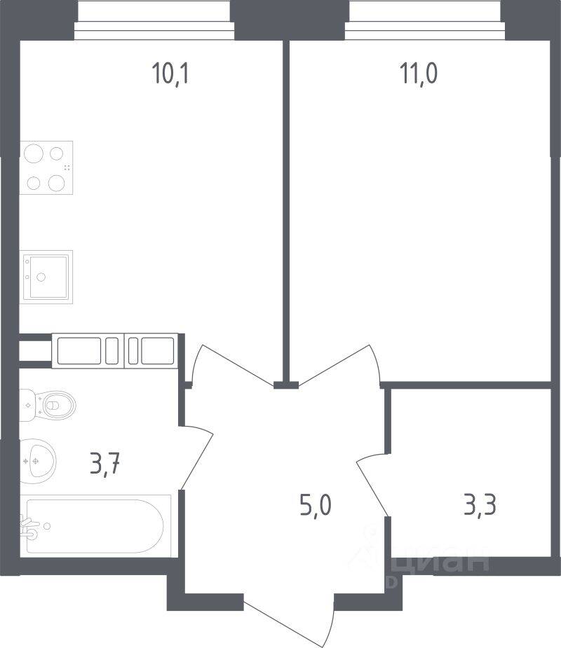 Планировка 1 комнатной квартиры, 33.1 м², в «Ольховый Квартал»