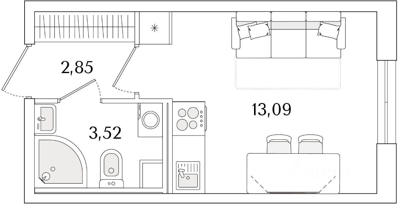 Планировка 1 комнатной квартиры, 19.46 м², в «Кинопарк»