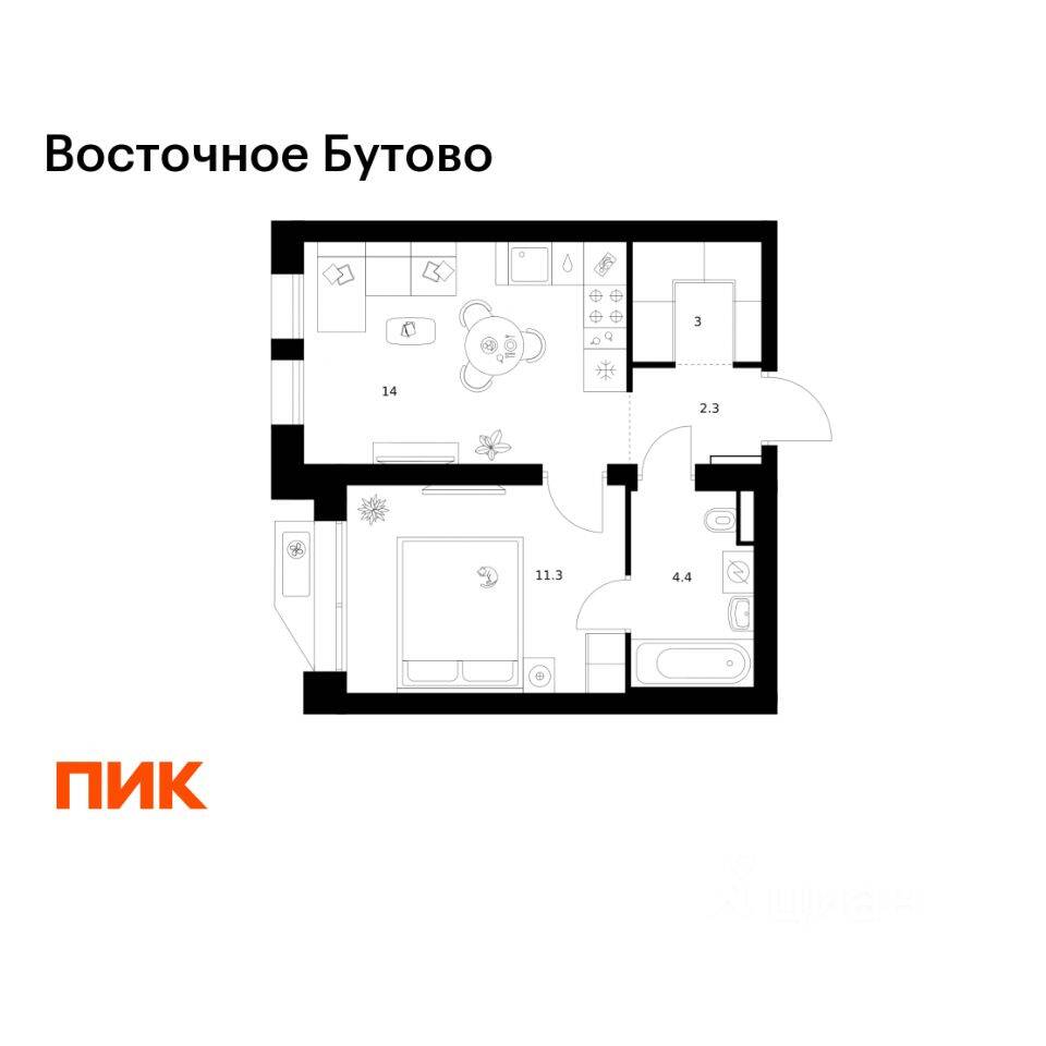 1-комн. квартира, 35 м², в ЖК «Восточное Бутово»
