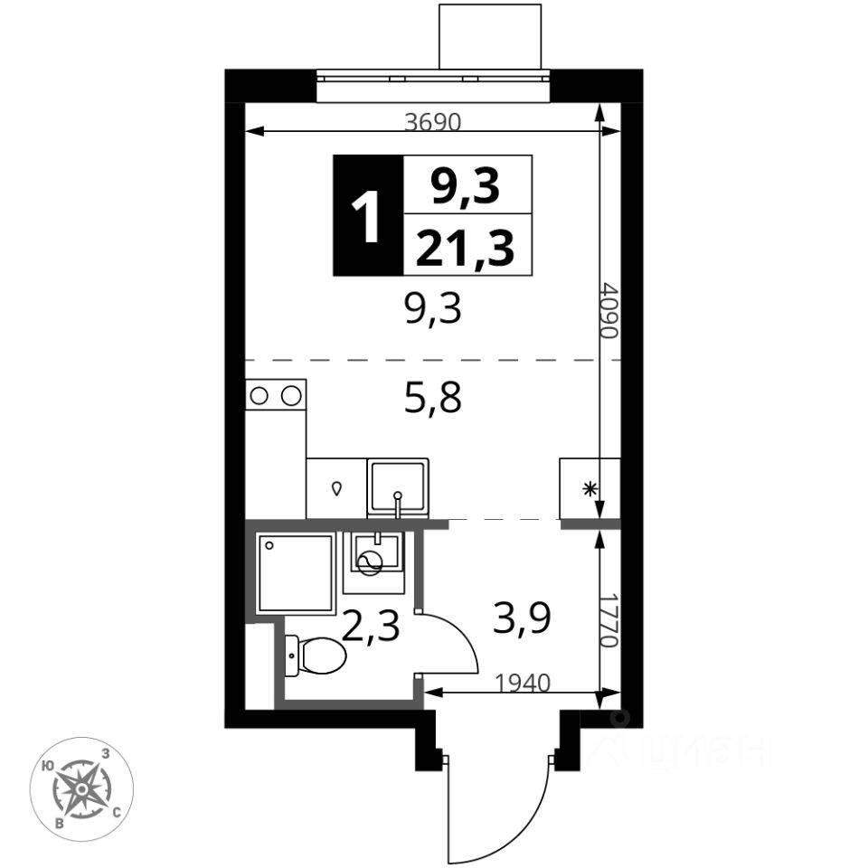 Квартира-студия, 21,2 м², в ЖК 1-й Донской