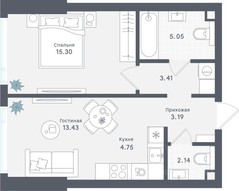 1-комн. квартира, 47,27 м², в ЖК «Солос»