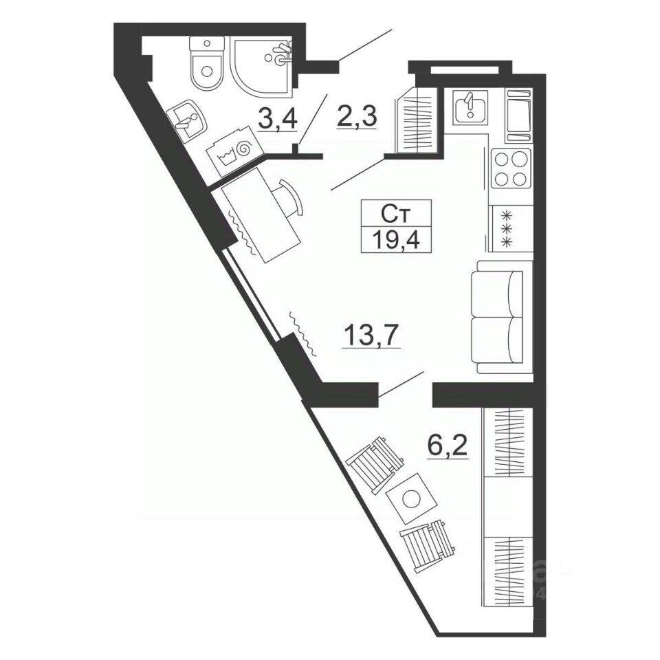 Планировка 1 комнатной квартиры, 19.4 м², в «Рубеж»