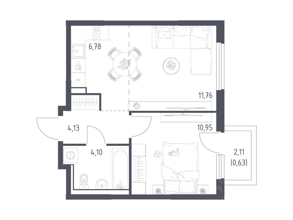 1-комн. квартира, 38,35 м², в ЖК «Пригород Лесное»