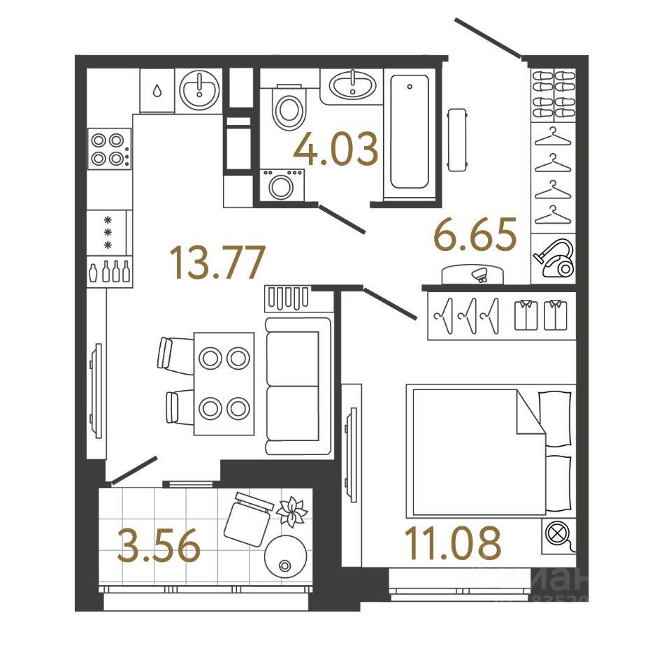 Планировка 1 комнатной квартиры, 35.53 м², в «Ультра Сити 3.0»
