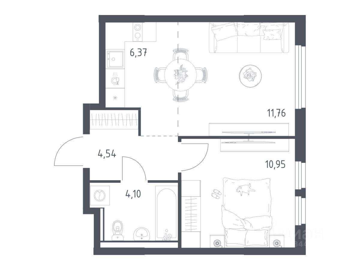 1-комн. квартира, 37,72 м², в ЖК «Пригород Лесное»
