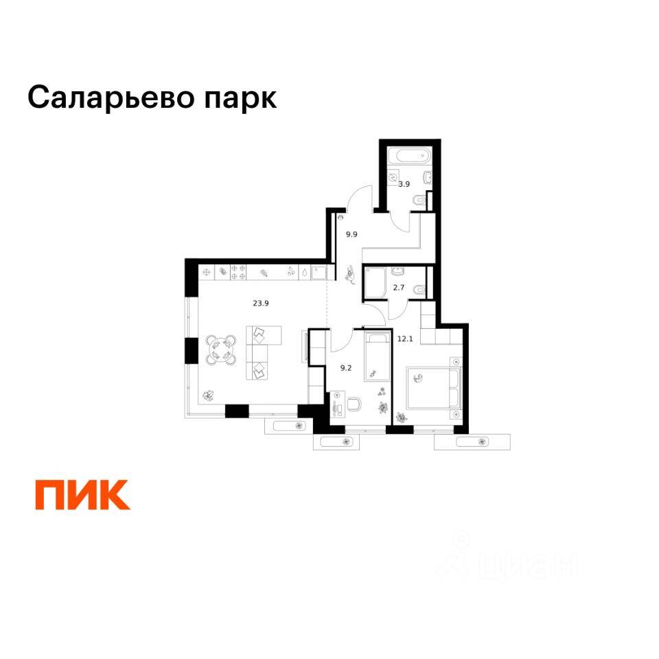 2-комн. квартира, 61,7 м², в ЖК «Саларьево парк»