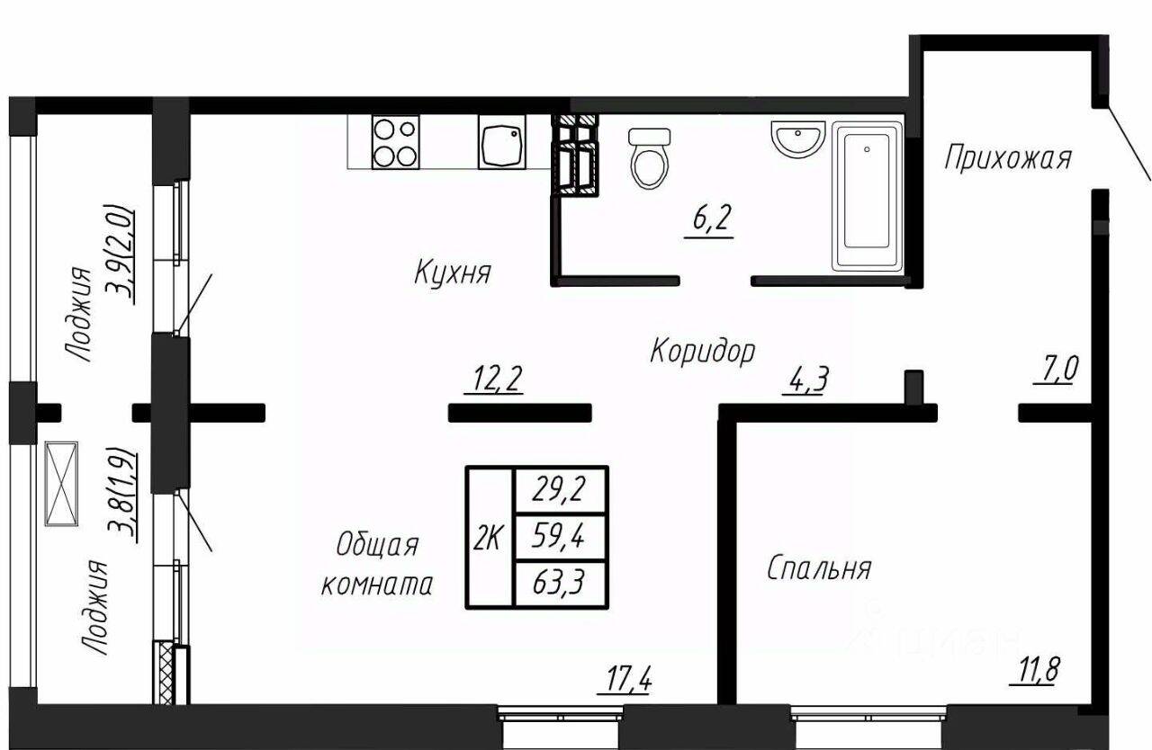2-комн. квартира, 63,3 м², в ЖК Сибирь