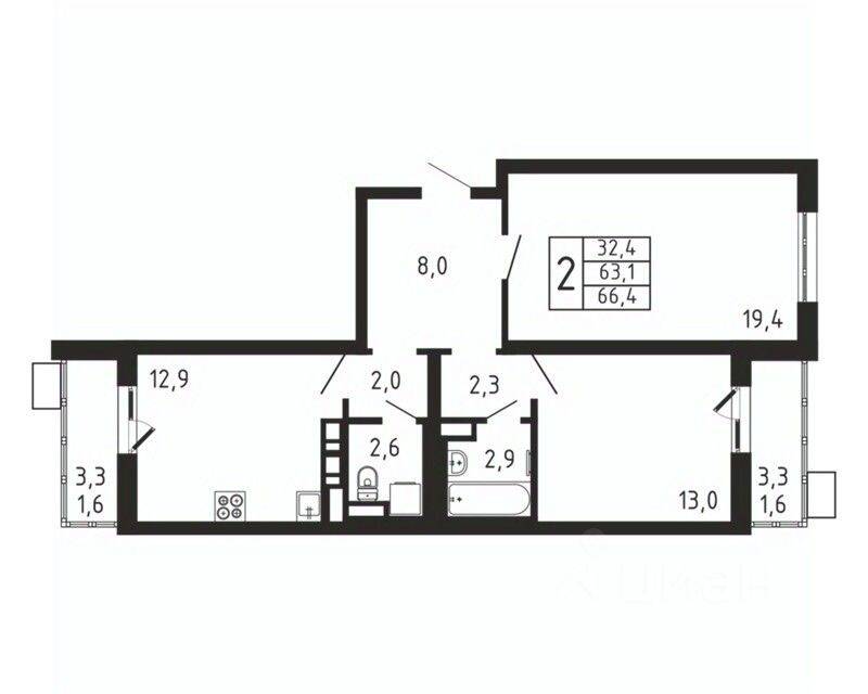 2-комн. квартира, 66,4 м², в ЖК «Пироговская Ривьера»
